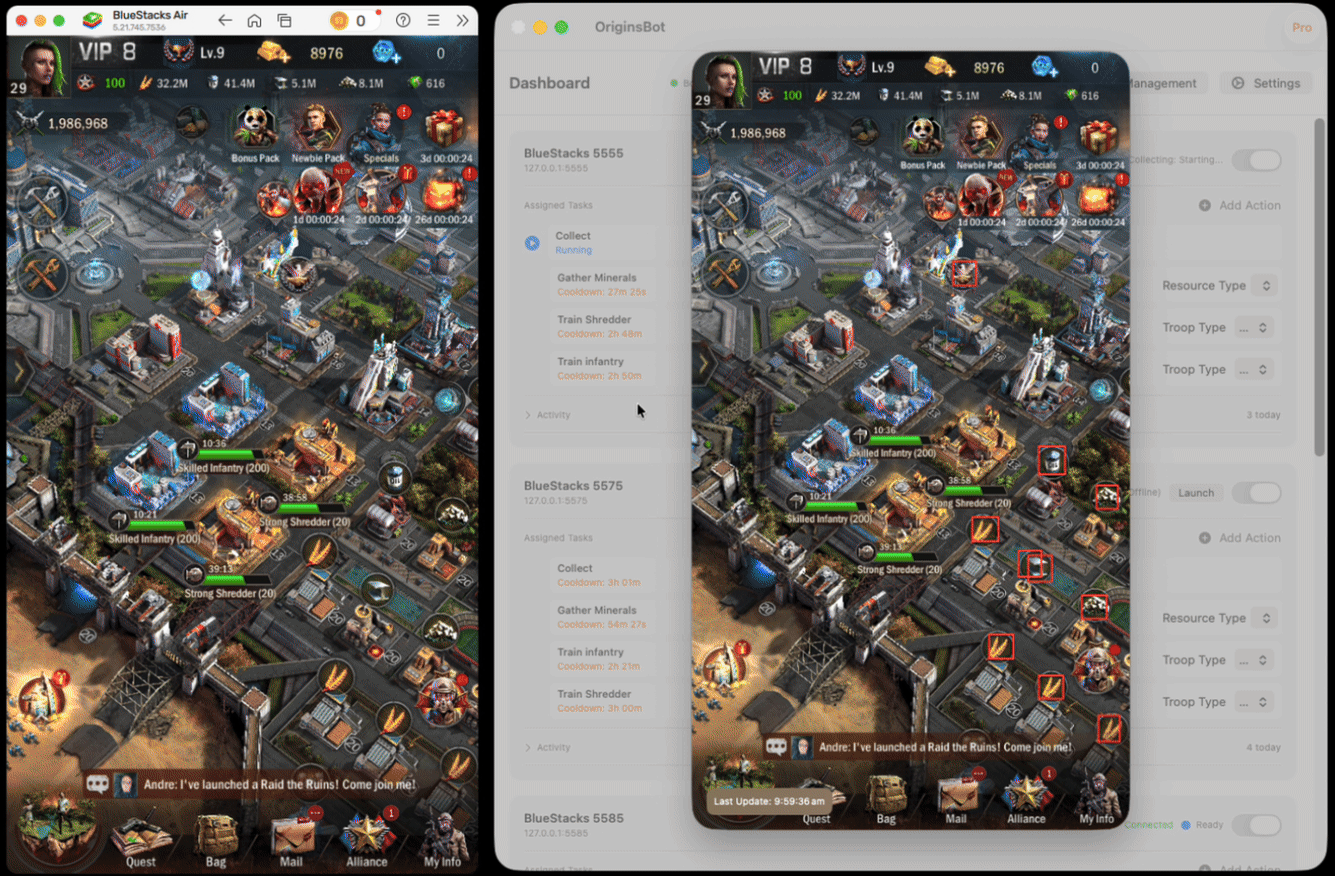 Age of Origins Bot Mac - OriginsBot collection task in action