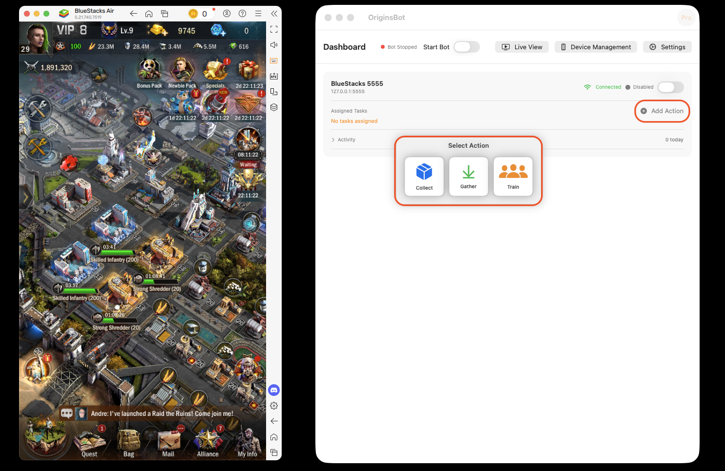 OriginsBot main dashboard showing Add Action button for device