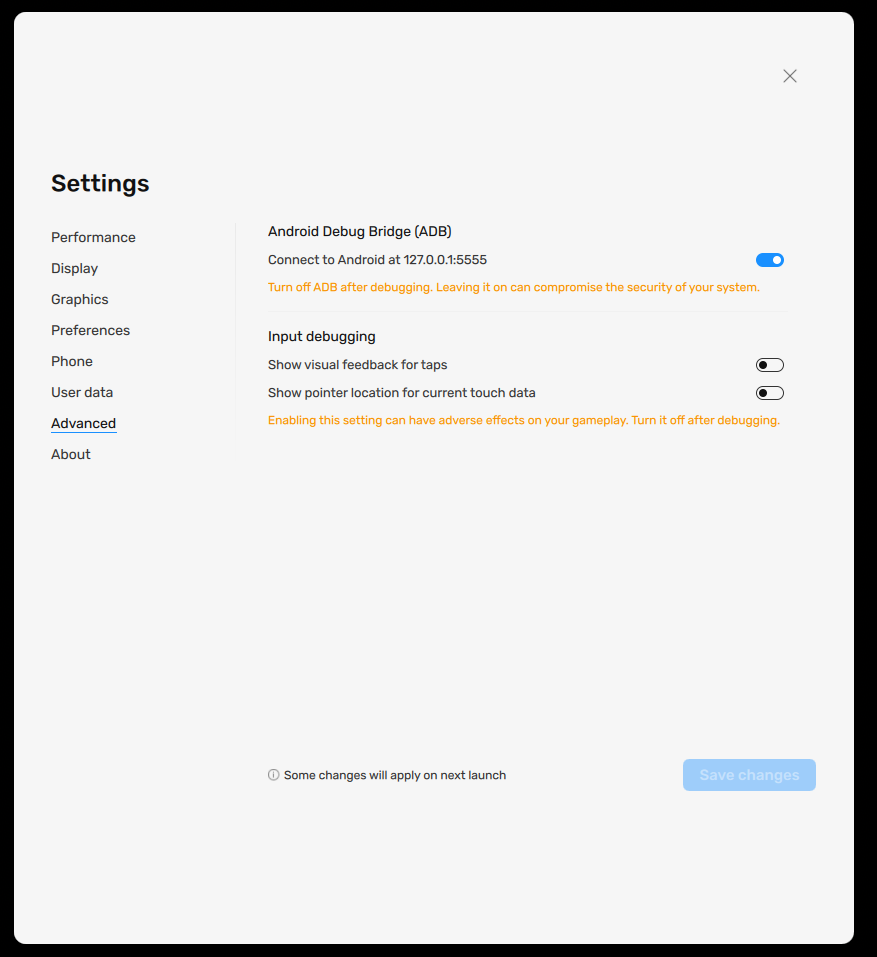 BlueStacks Advanced settings showing Android Debug Bridge toggle enabled
