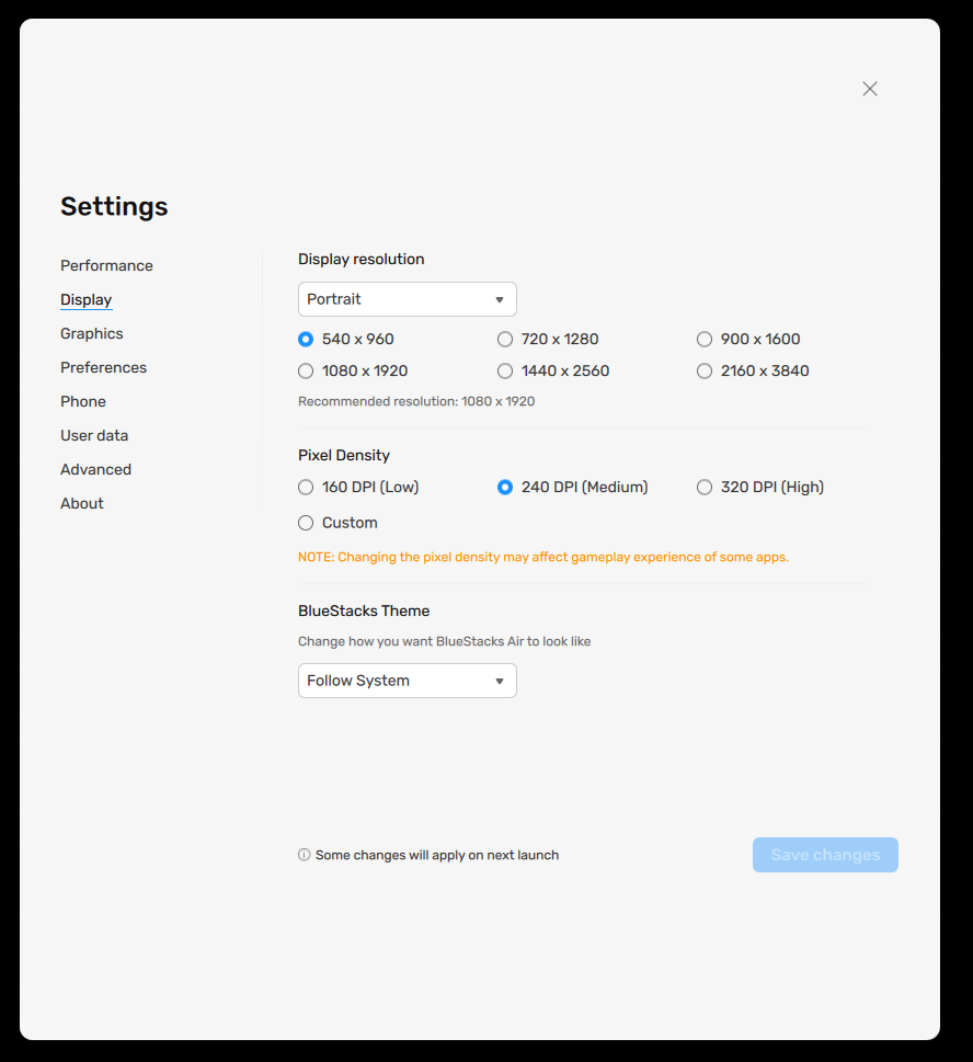BlueStacks Display settings: Portrait 540x960 at 240 DPI