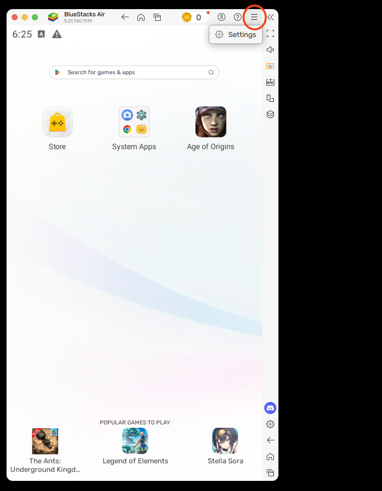 Open BlueStacks menu in top-right and choose Settings