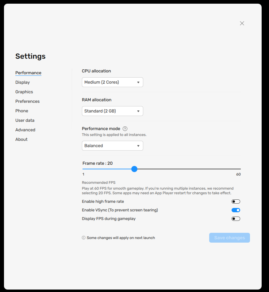 BlueStacks Performance settings: Medium CPU, 2GB RAM, 20 FPS