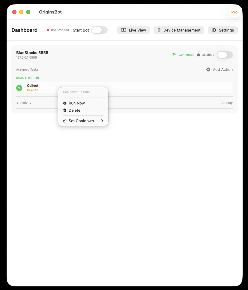 Right-click context menu showing task configuration options including Cooldown, Run Now, and Delete