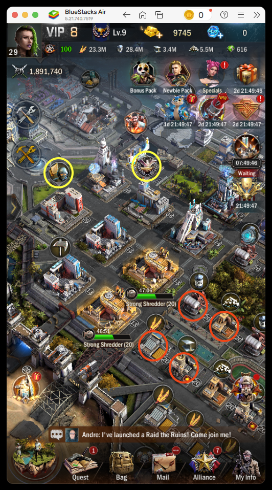 Age of Origins city view showing optimal resource building placement with red circles highlighting the 4 key locations