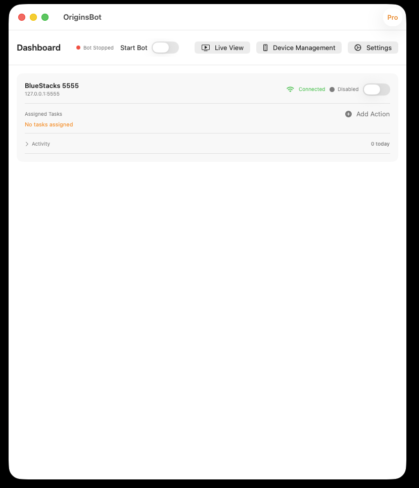 OriginsBot dashboard showing connected device with green Connected status
