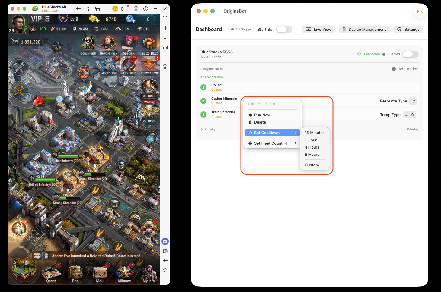 Right-click menu showing gathering task configuration options