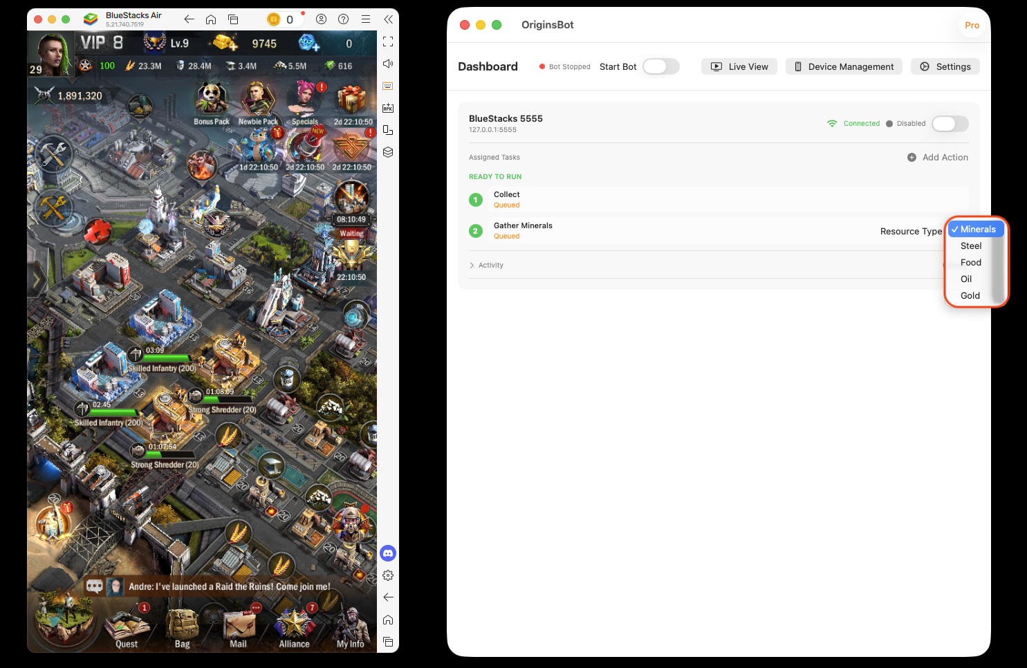 Gathering task dropdown menu for selecting resource type