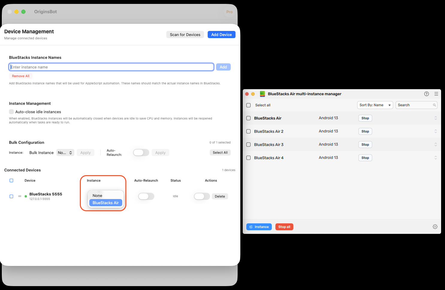 Connected Devices table showing Instance dropdown menu with BlueStacks Air selected