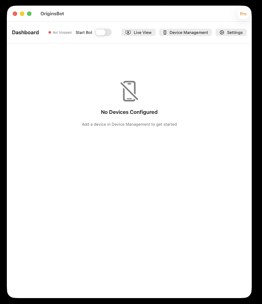 OriginsBot main dashboard showing Device Management button in the toolbar