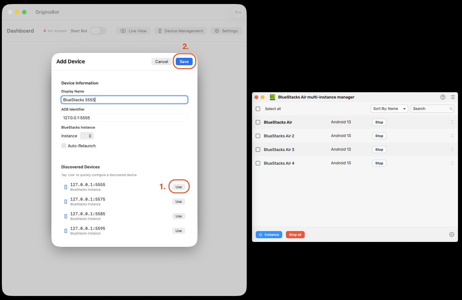 Add Device dialog showing discovered devices with Use buttons and prepopulated fields