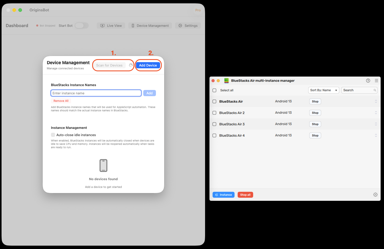 Device Management window showing Scan for Devices and Add Device buttons