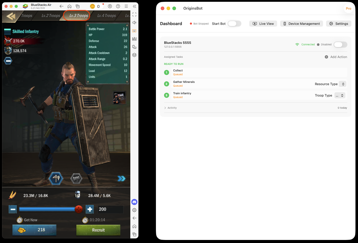 Infantry training interface in Age of Origins showing troop level and quantity selection