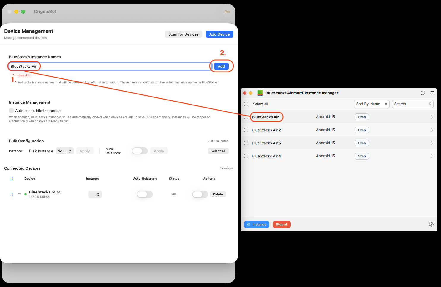 Device Management showing BlueStacks Instance Names input field with BlueStacks Air typed in